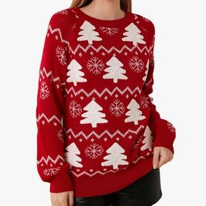 Red Holiday Knit Sweater with White Tree Pattern